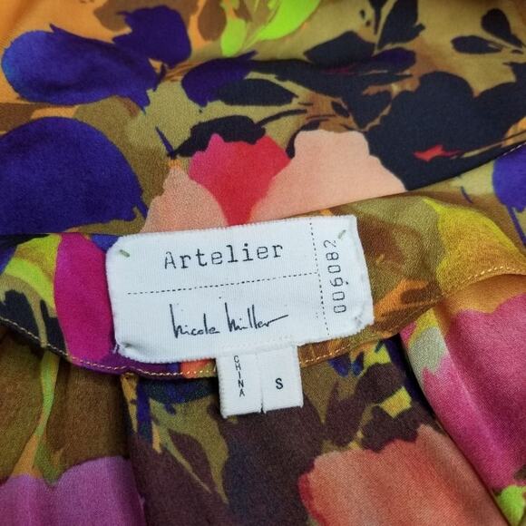 Nicole Miller Atelier Silk Floral Cold Shoulder Deep V Neck Top Size Small - Picture 6 of 6